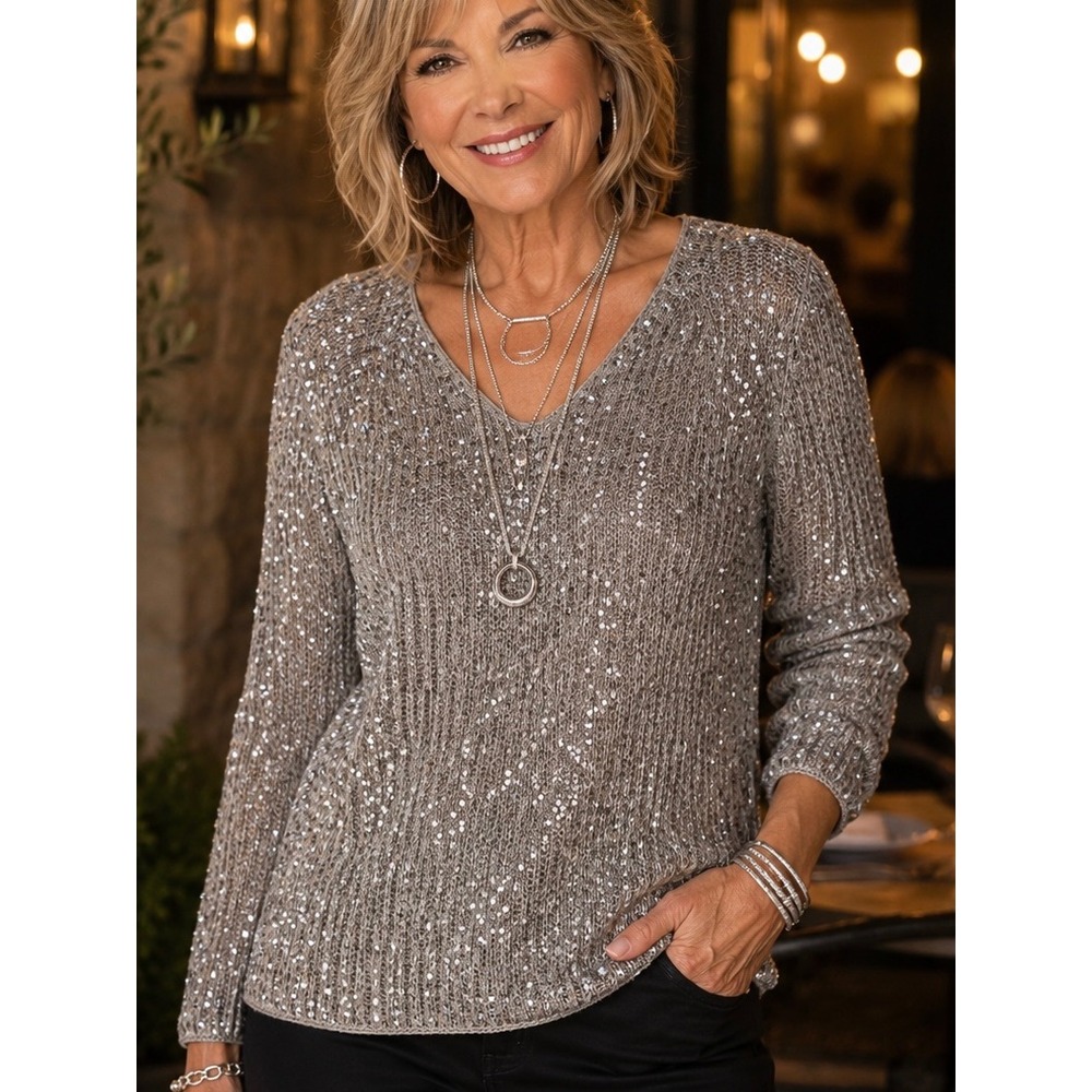 Sigrid Olsen Womens Sequin Linen‎ Blend Sweater Pale Grey Large NWT Hand Knitted